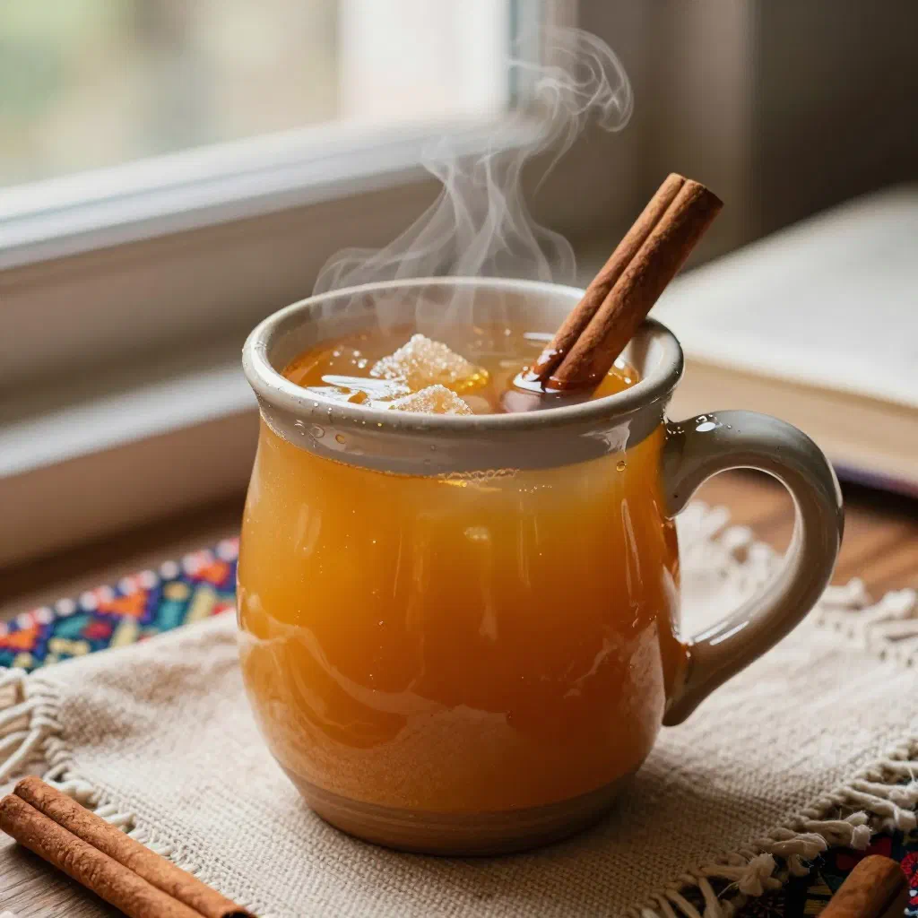 Steaming glass of canelazo garnished with a cinnamon stick and orange