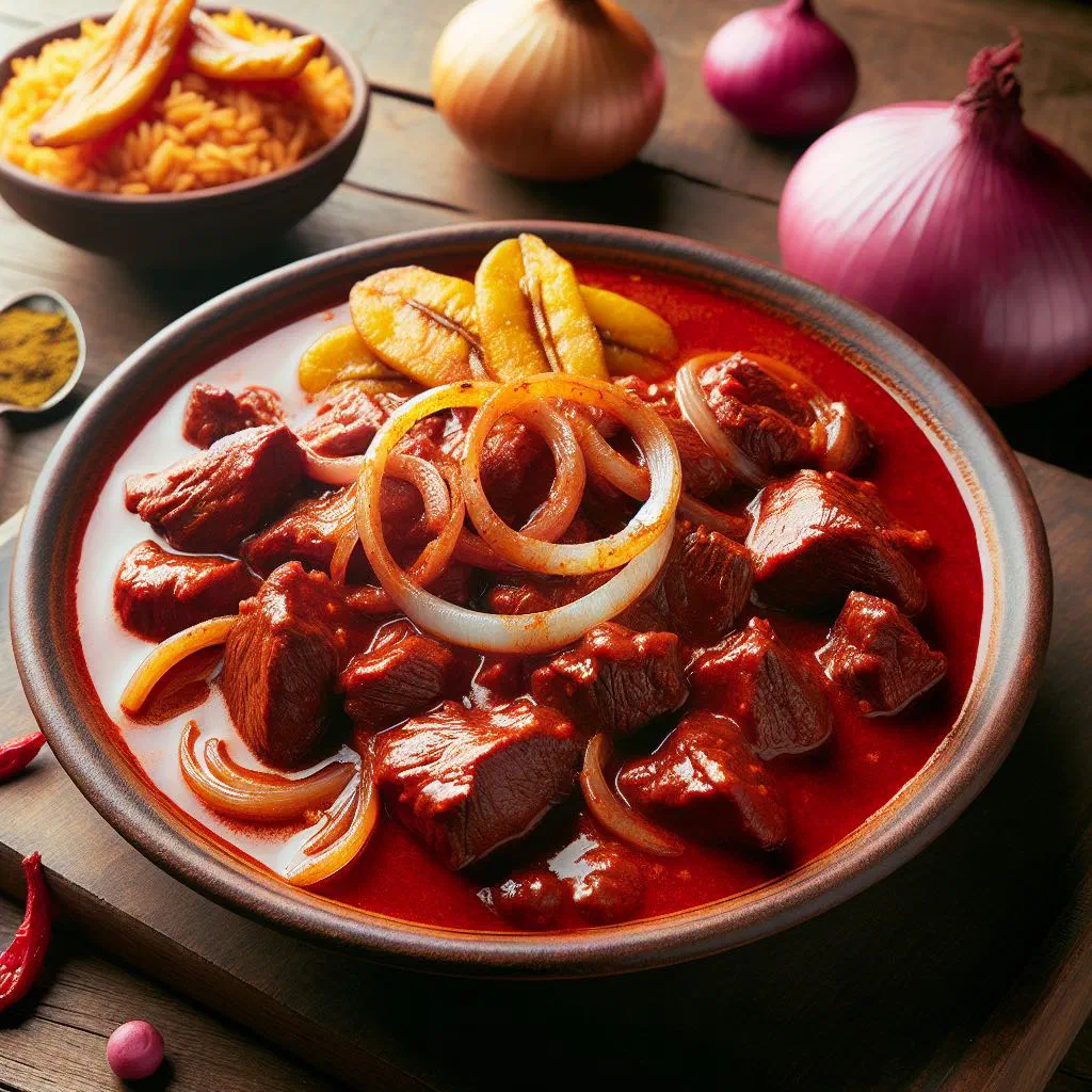 Ecuadorian carne colorada, tender beef in a deep red achiote marinade