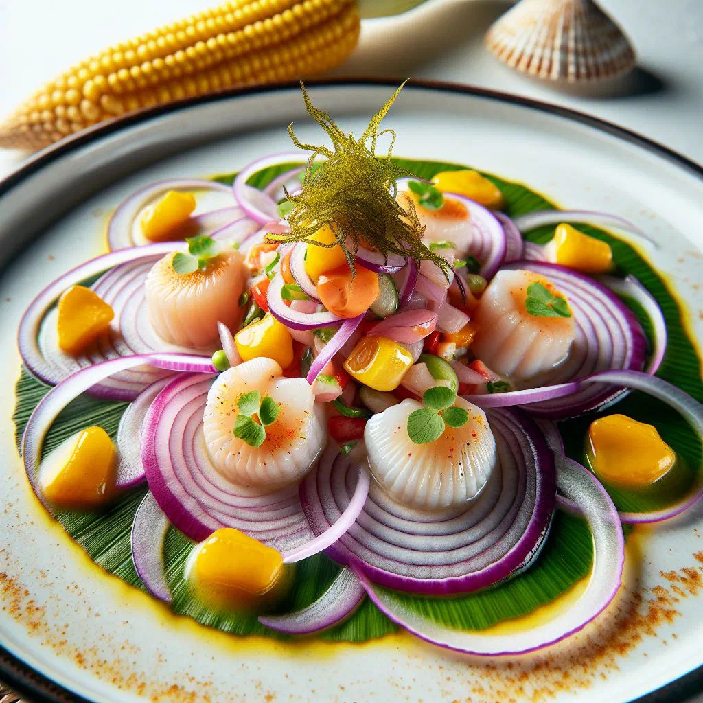 Ecuadorian ceviche de conchas with cockles, red onion and coriander in a bowl