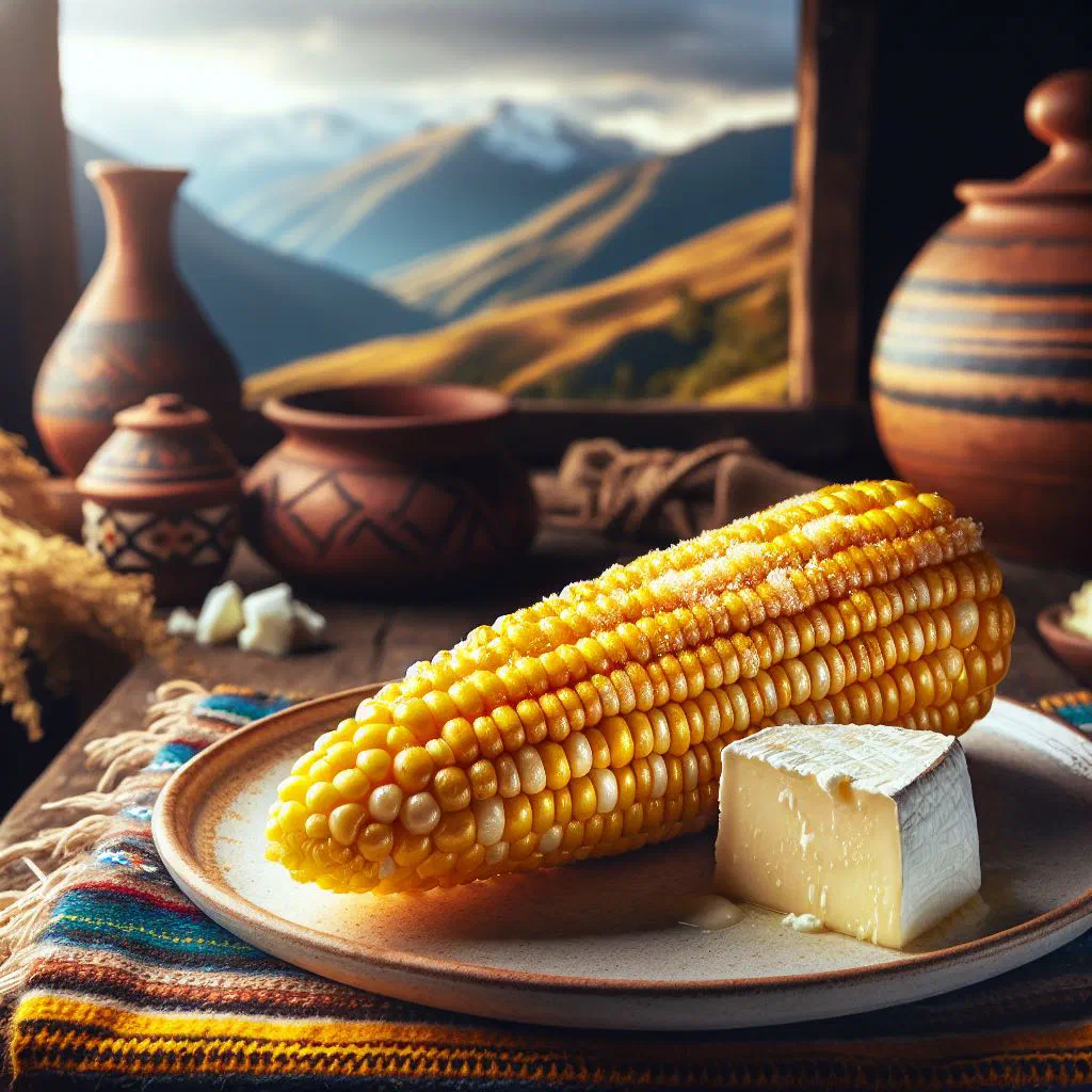 Boiled Andean corn on the cob topped with slices of fresh cheese