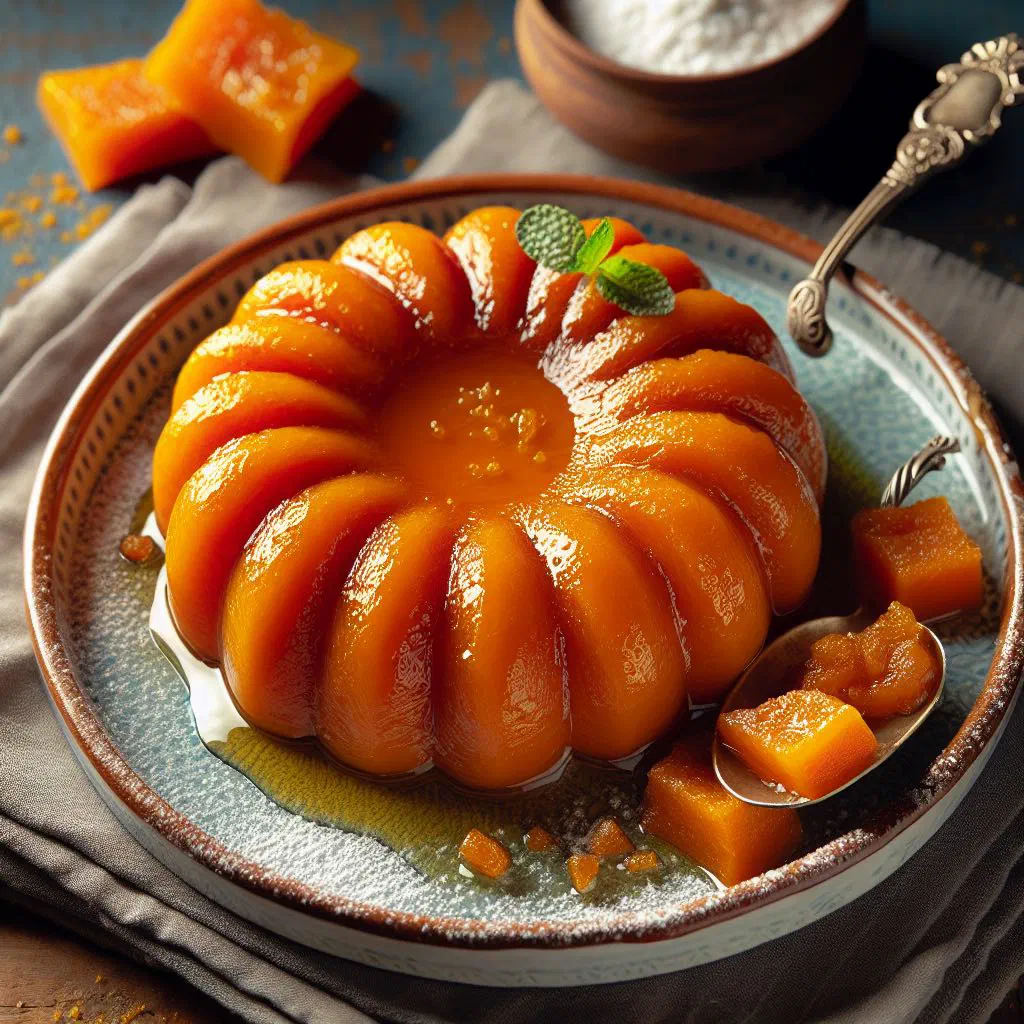 Golden pumpkin dessert dulce de zapallo served in a small bowl with cinnamon