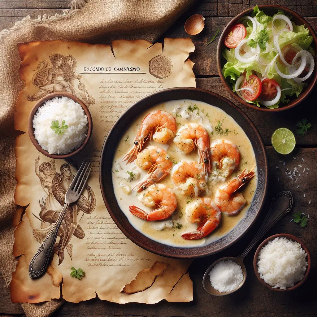 Prawns simmered in creamy coconut sauce with rice and fresh coriander