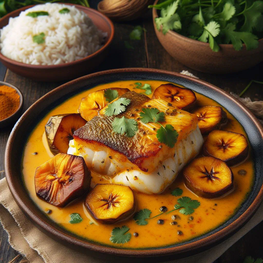 Encocado de pescado, fish in a creamy coconut sauce, served with rice