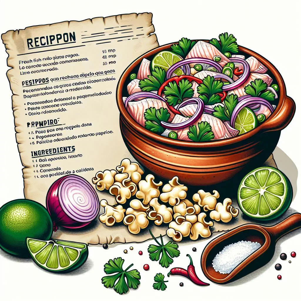 Fish ceviche with red onion, coriander and avocado slices