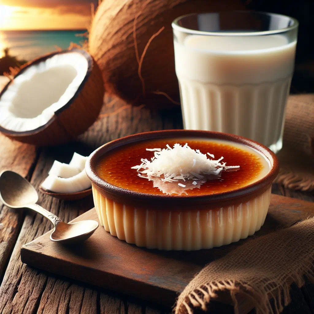 Coconut flan with golden caramel on a dessert plate
