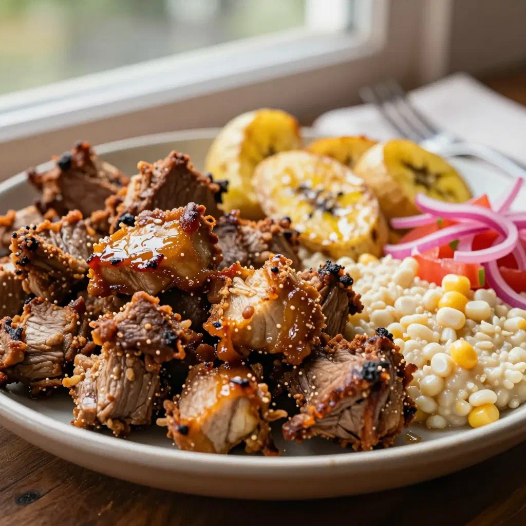 Crispy Ecuadorian fritada pork served with fried plantains and salsa