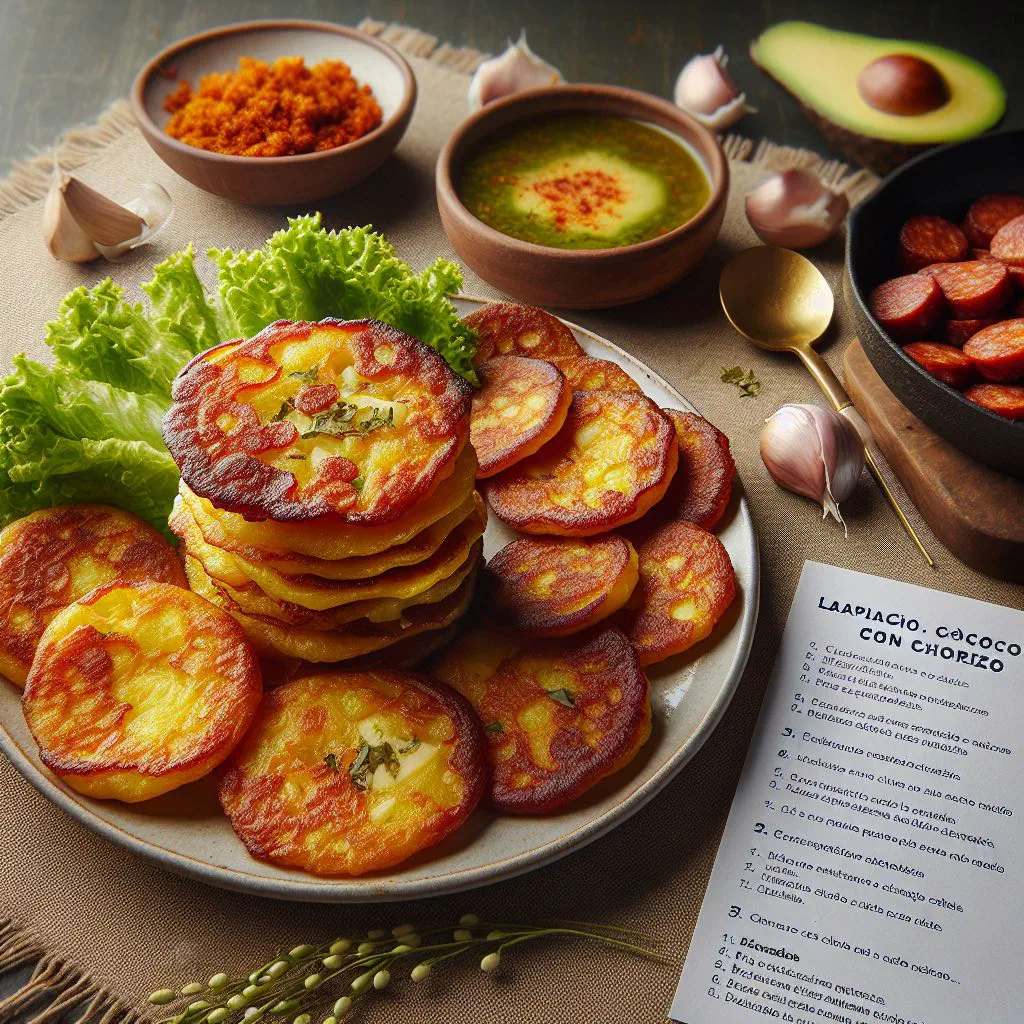 Golden fried potato cakes served with spicy chorizo and fresh coriander
