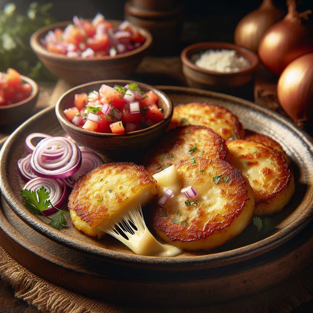 Golden pan-fried Ecuadorian potato cakes with cheese, served with avocado and salsa