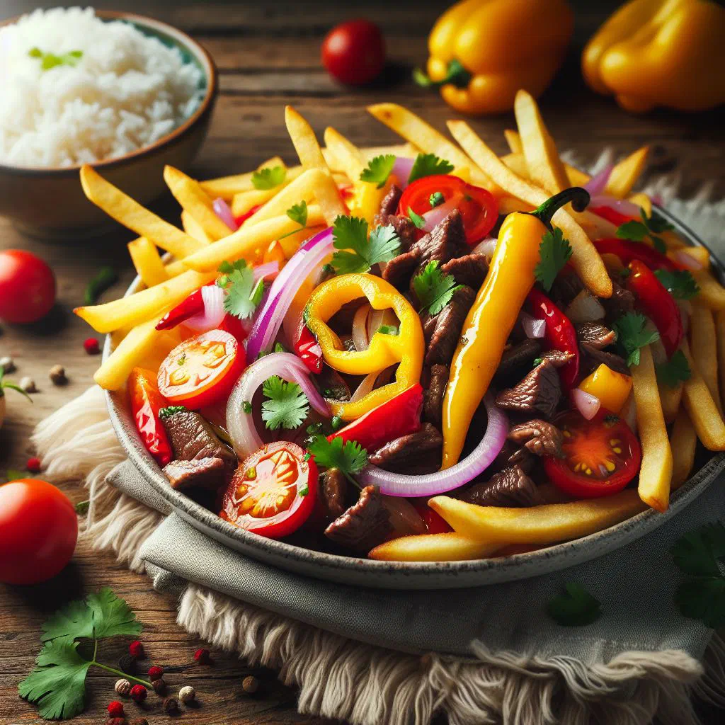 Lomo saltado with strips of beef, onions and tomatoes served with chips and rice