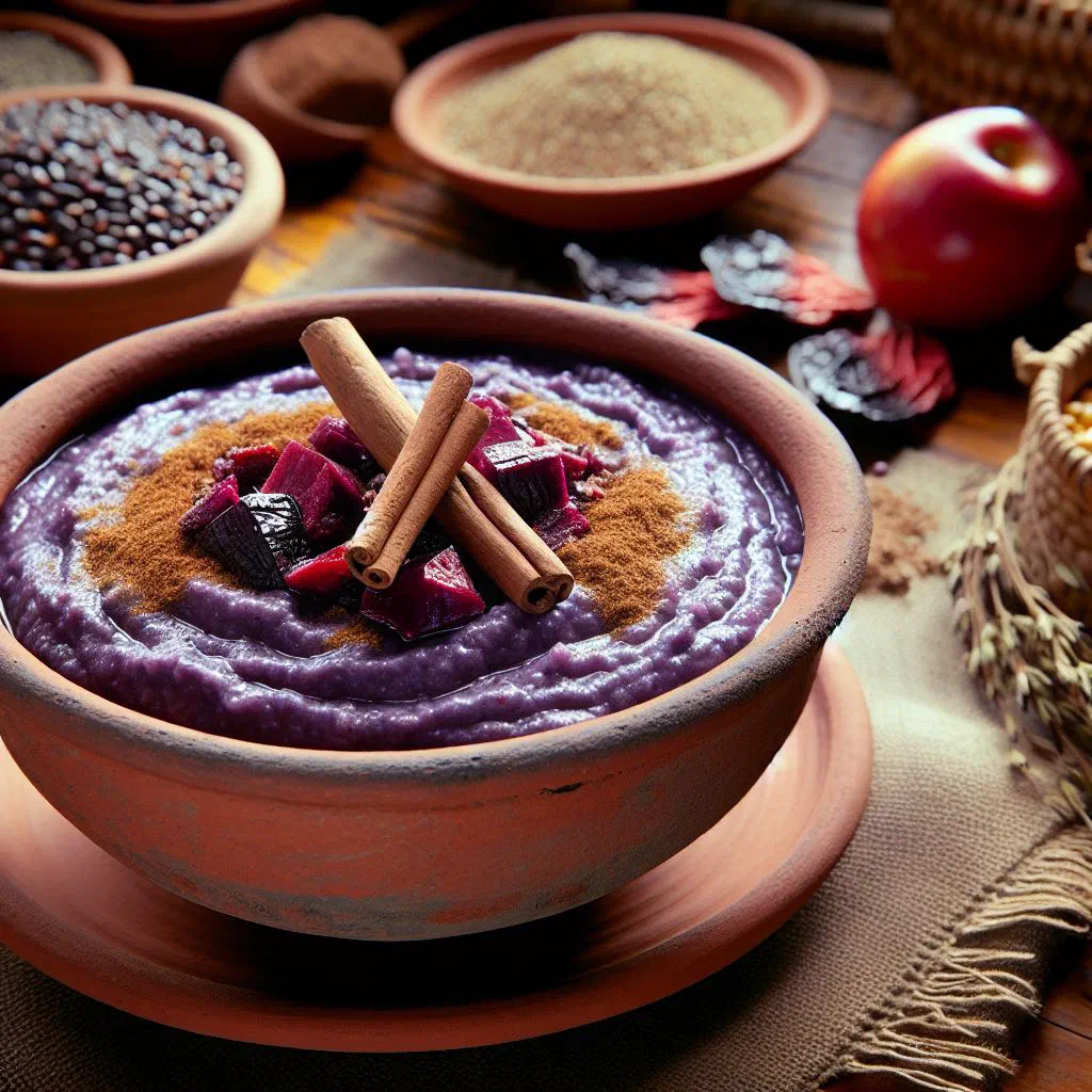 Bowl of creamy Ecuadorian mazamorra topped with fresh fruit