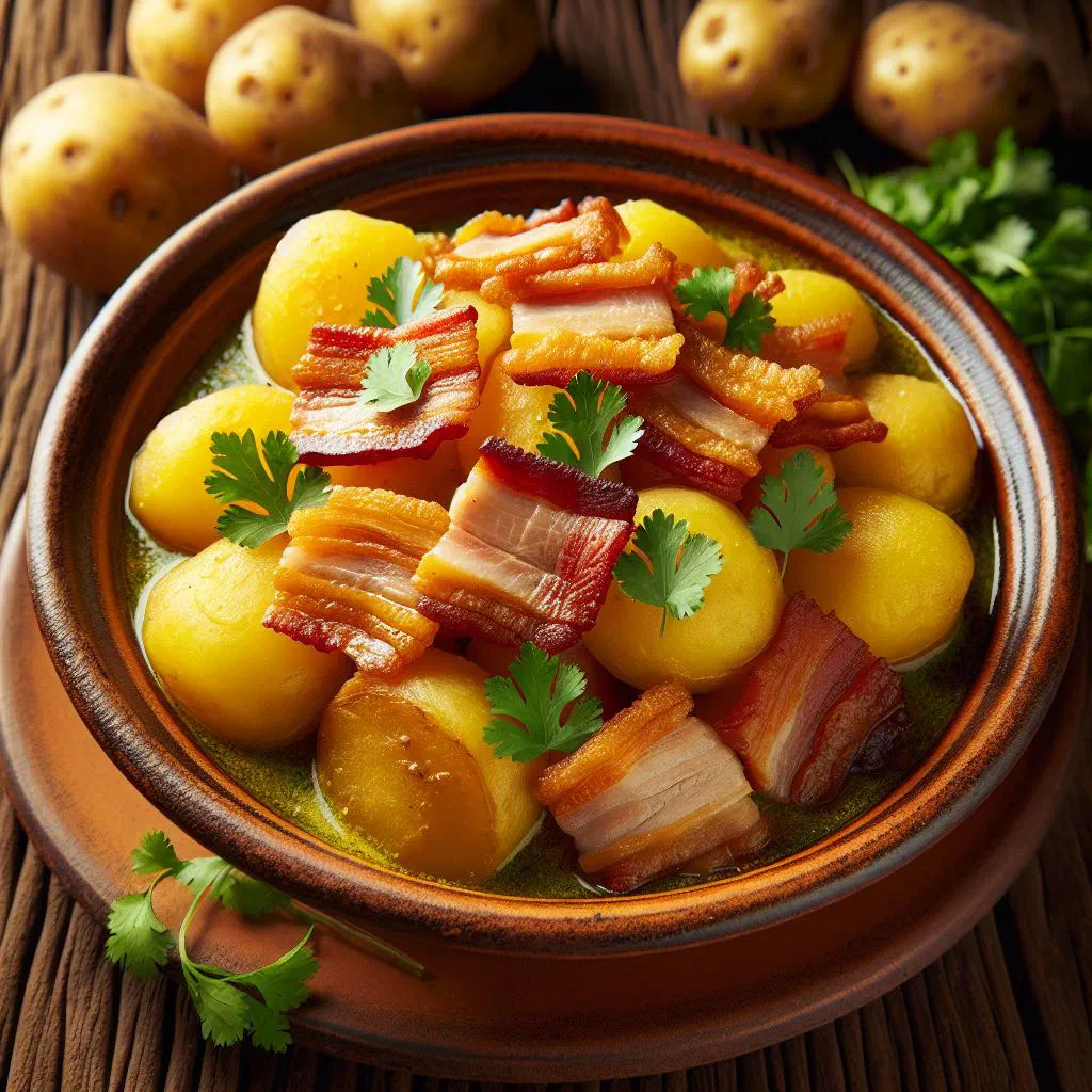 Papas con cuero with tender potatoes and crispy pork belly on a plate
