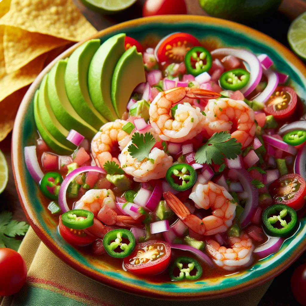 Ecuadorian shrimp ceviche with red onion, tomato and coriander in a citrus marinade