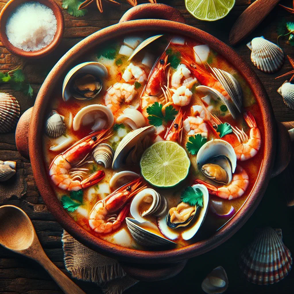 A bowl of Ecuadorian sopa de mariscos with fish, prawns and mussels garnished with coriander and lime