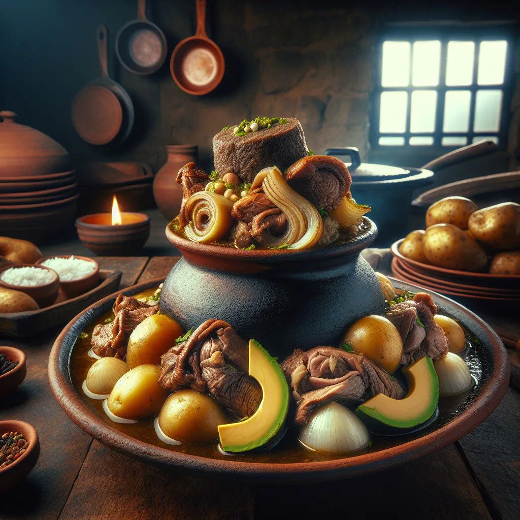 Bowl of yaguarlocro, a hearty Ecuadorian lamb and potato soup garnished with fresh herbs