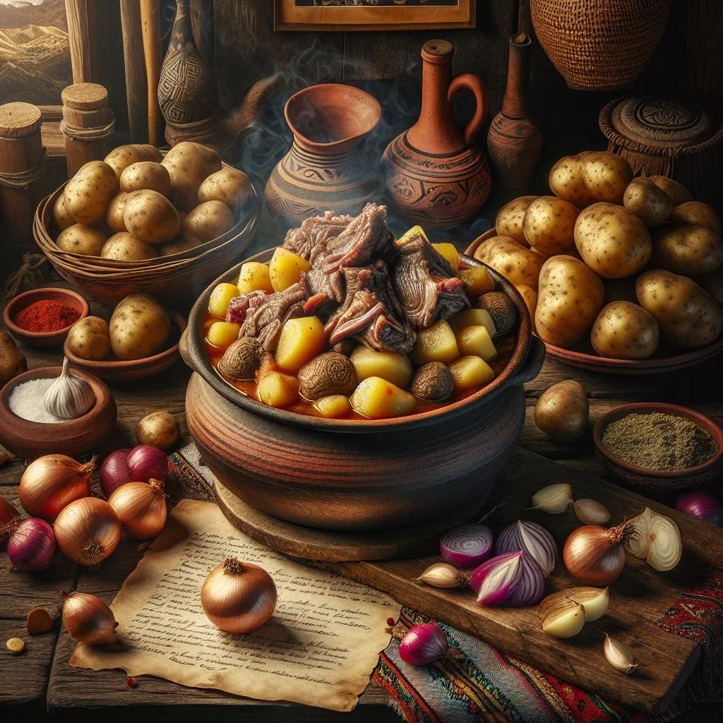 A steaming bowl of yahuarlocro potato and lamb soup garnished with fresh herbs