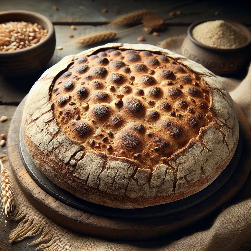 Freshly baked round Aish Baladi flatbread with a puffed, golden crust