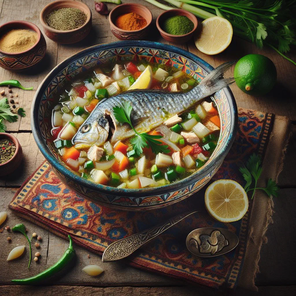 A bowl of Alexandrian fish soup garnished with fresh coriander and carrots