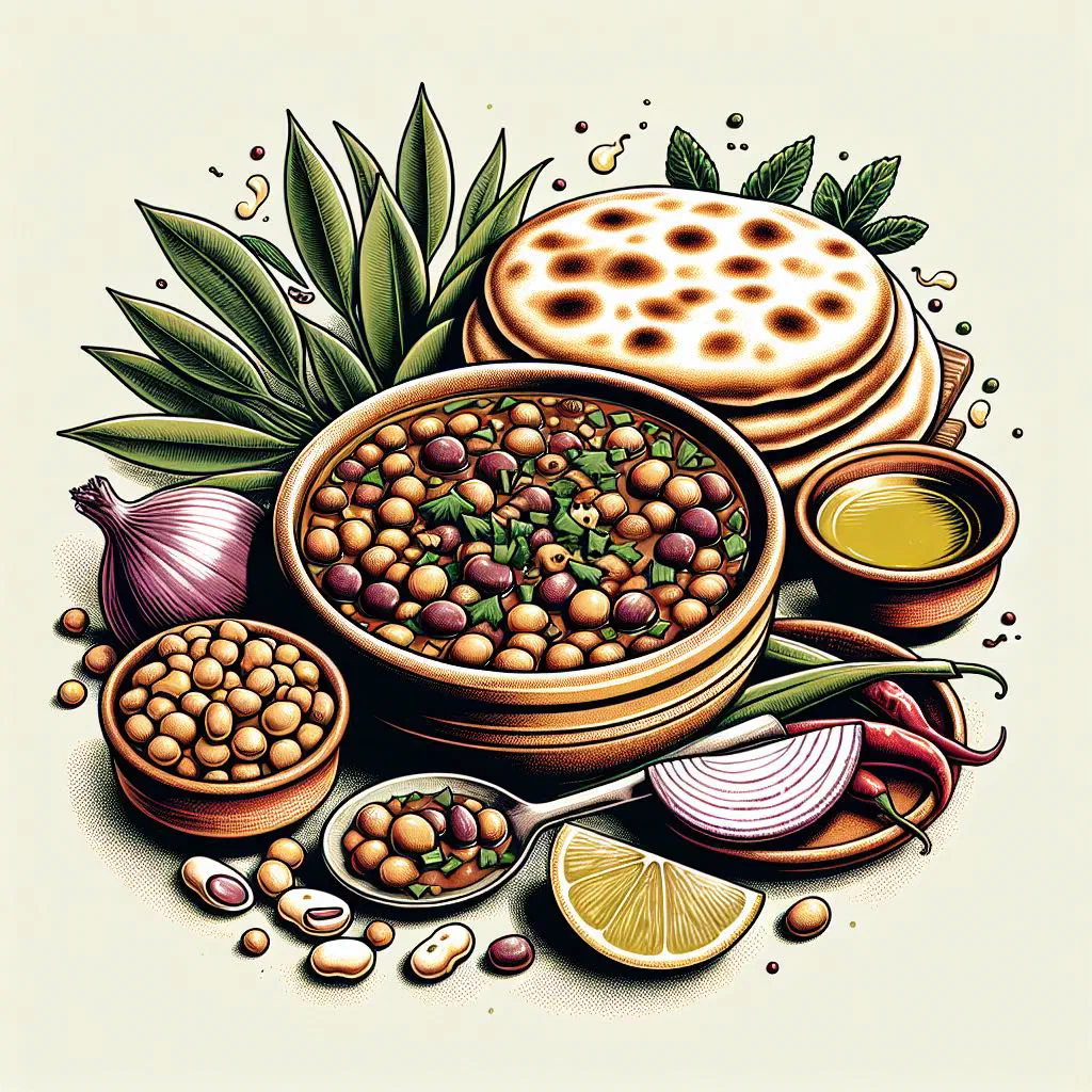Bowl of Alexandrian foul topped with olive oil, herbs and lemon, served with fresh bread