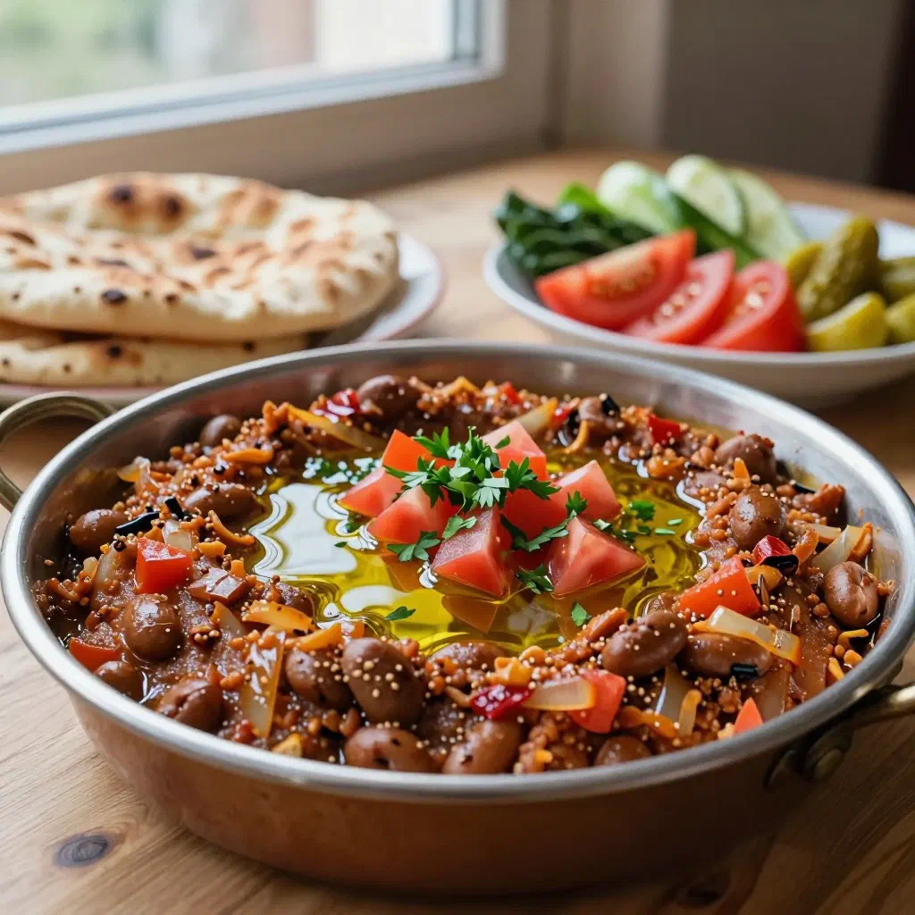 Bowl of Alexandrian foul topped with olive oil, herbs and lemon, served with fresh bread