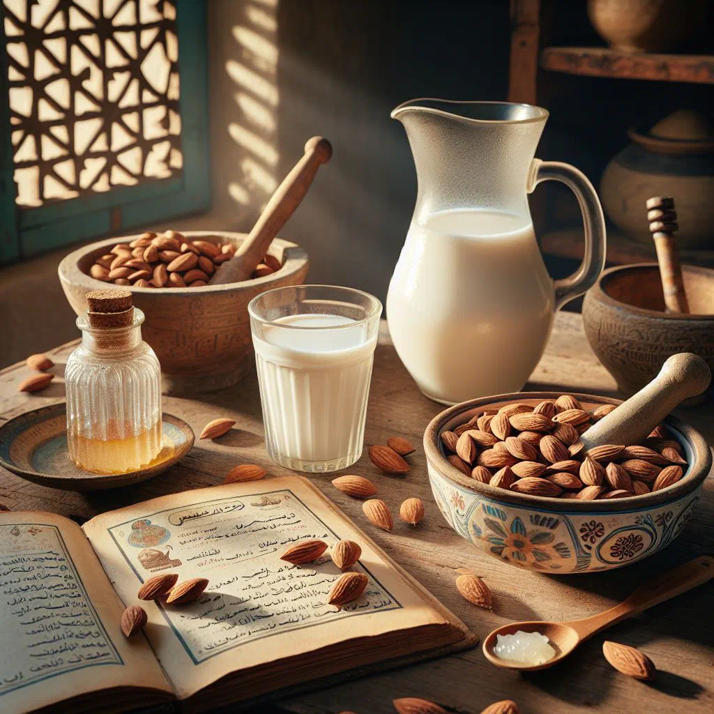 Glass of chilled almond milk drink with almonds beside it