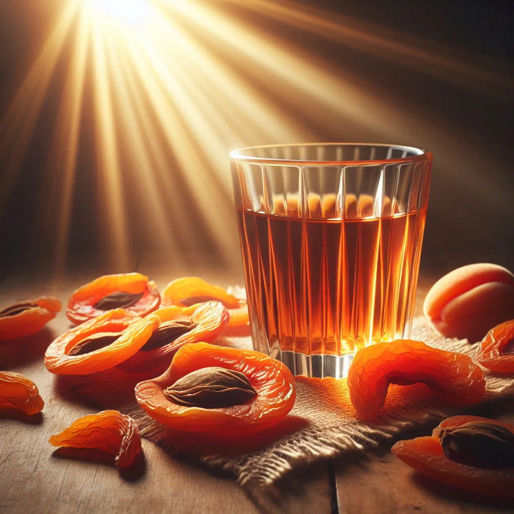 Glass of bright orange amardeen drink garnished with mint