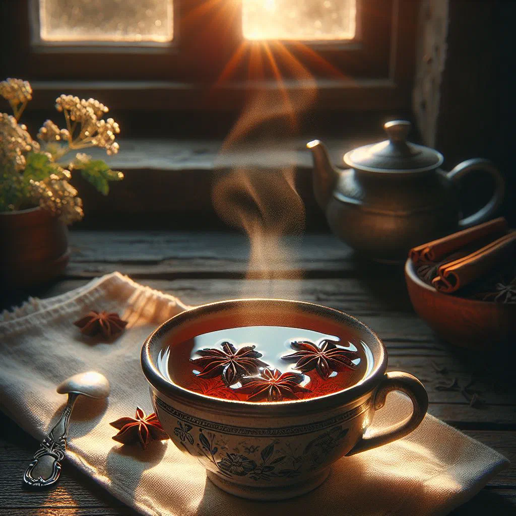 A glass of warm Egyptian anise tea garnished with fresh herbs