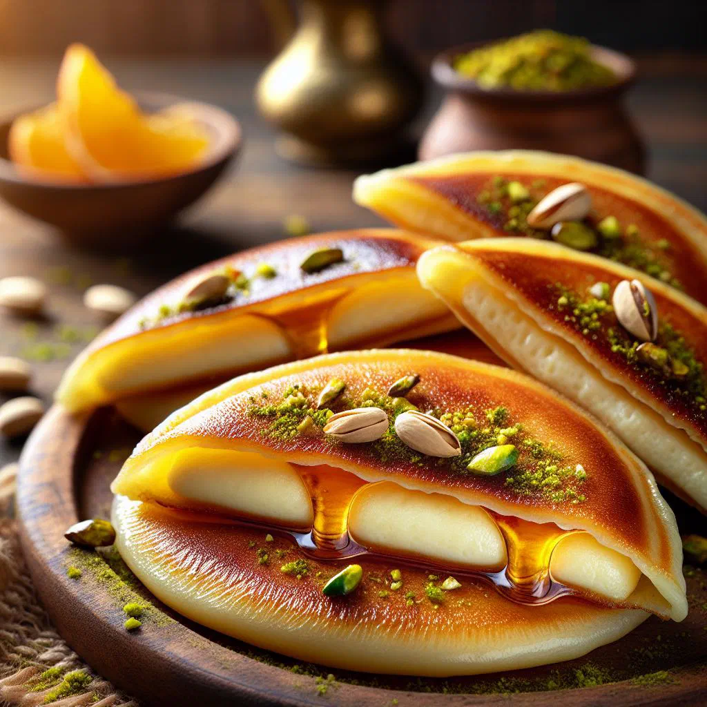 Folded atayef pancakes filled with nuts and drizzled with sugar syrup
