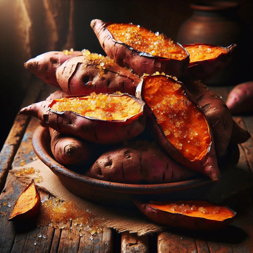 Golden roasted sweet potato pieces garnished with fresh coriander
