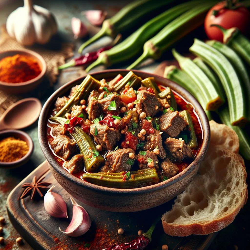 Bamya bil lahm okra and meat stew in a rich tomato sauce