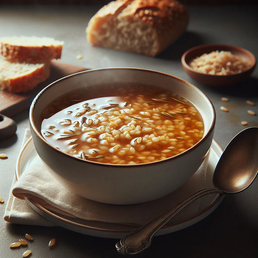 Bowl of Egyptian barley soup garnished with fresh herbs