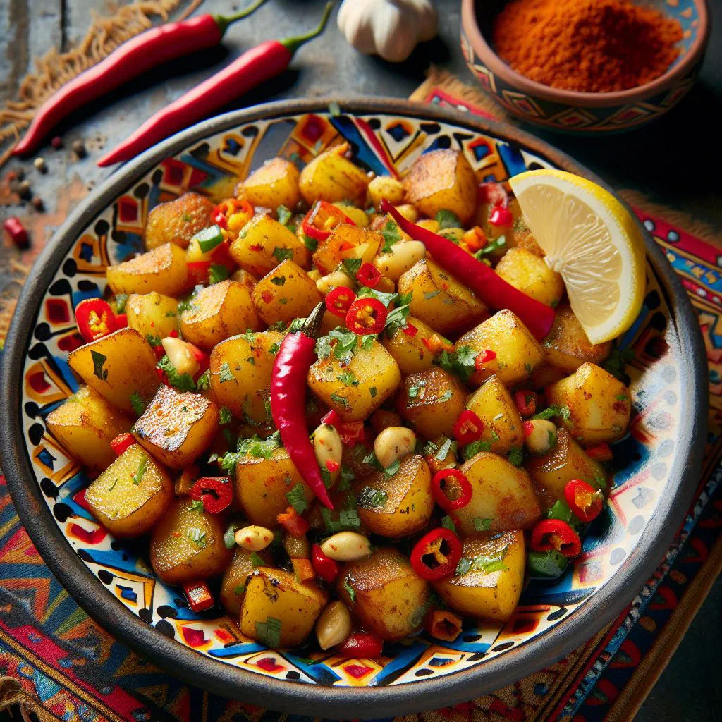 Crispy spiced potatoes garnished with fresh coriander and lemon