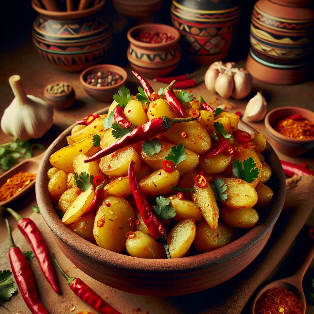 Crispy golden Egyptian spiced potatoes garnished with fresh herbs