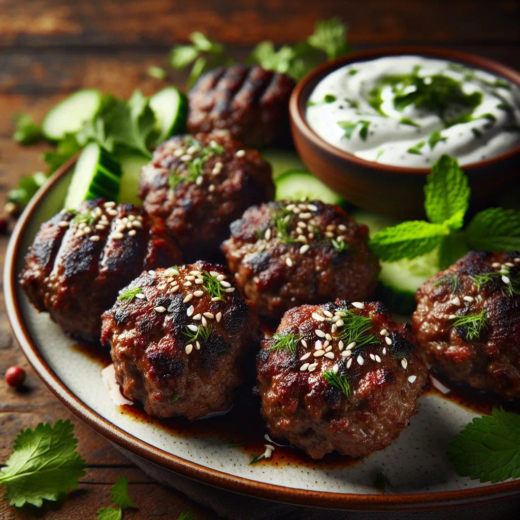 Grilled beef kofta rolls served with flatbread and a yoghurt sauce