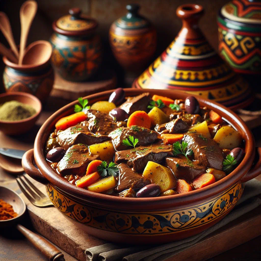 Beef liver tagine simmered with tomatoes and peppers, garnished with fresh coriander