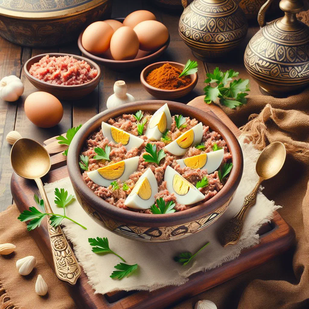 Beid Ghanam with tender lamb and eggs garnished with fresh herbs