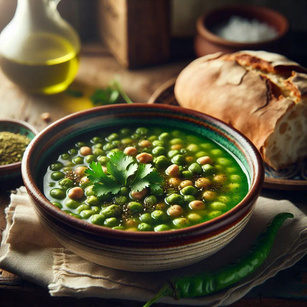 Bowl of bessara, smooth puréed beans drizzled with olive oil and parsley