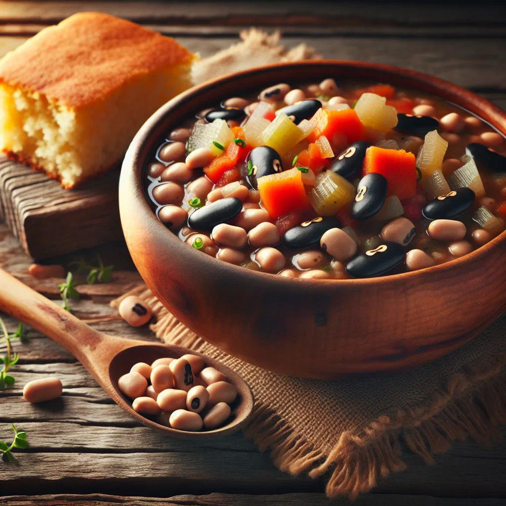 Egyptian black-eyed pea stew in a bowl garnished with fresh herbs