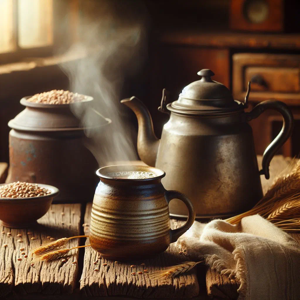 Warm bowl of boiled wheat drink topped with nuts and dried fruit