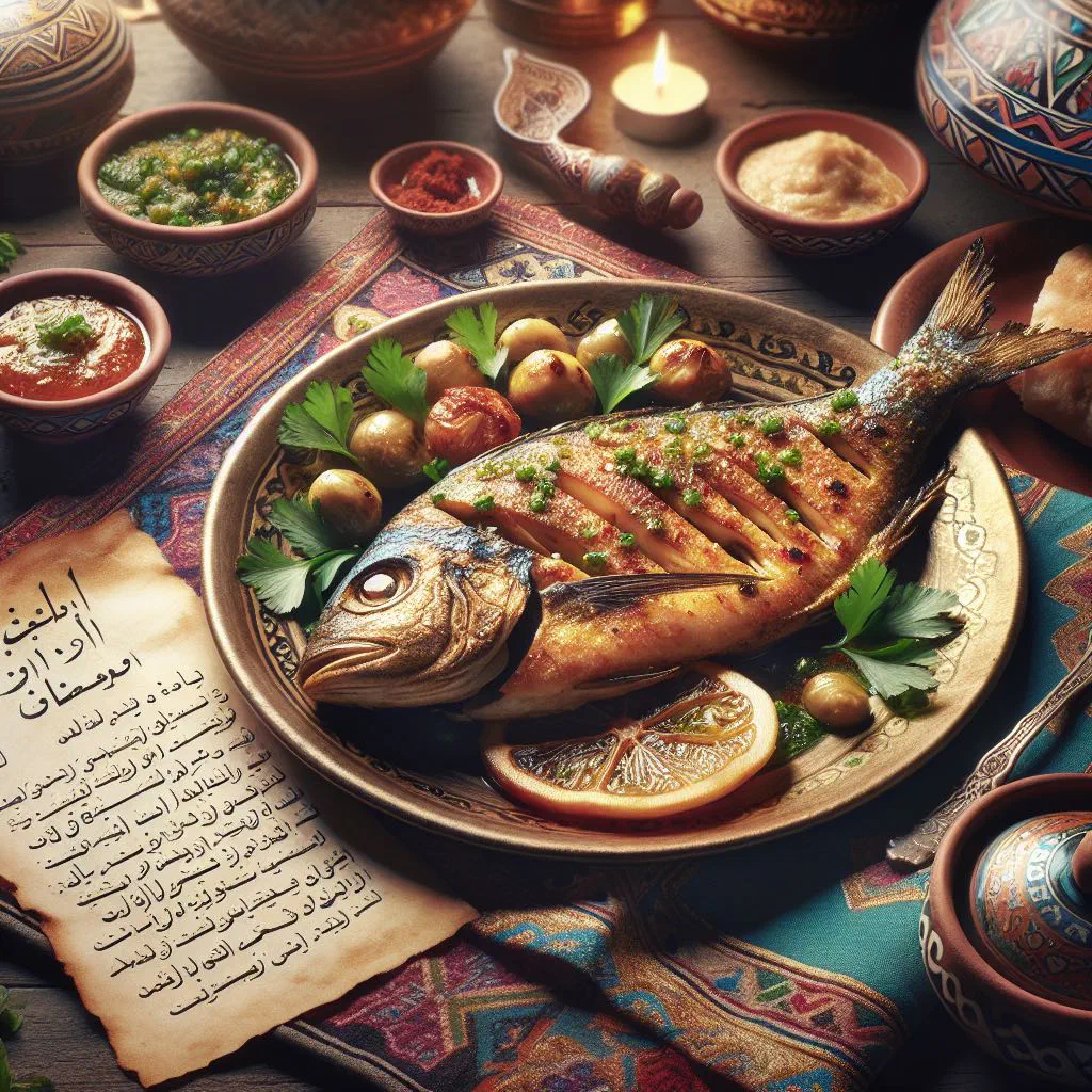Marinated bouri fish fillets served with rice and fresh vegetables