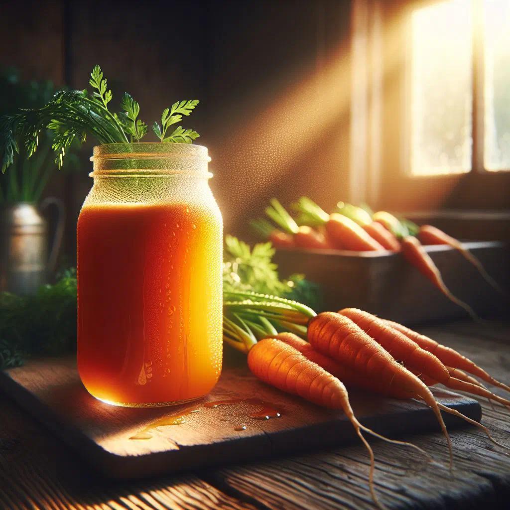 A glass of bright orange fresh carrot juice garnished with mint