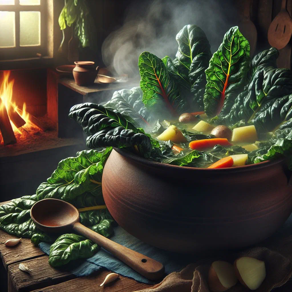Egyptian chard stew with tomatoes and herbs in a bowl