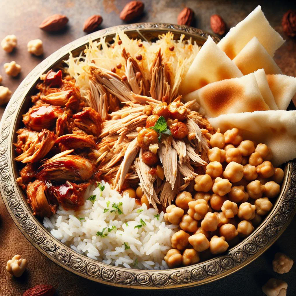 Chicken fatta with layered rice, crispy bread and tender chicken