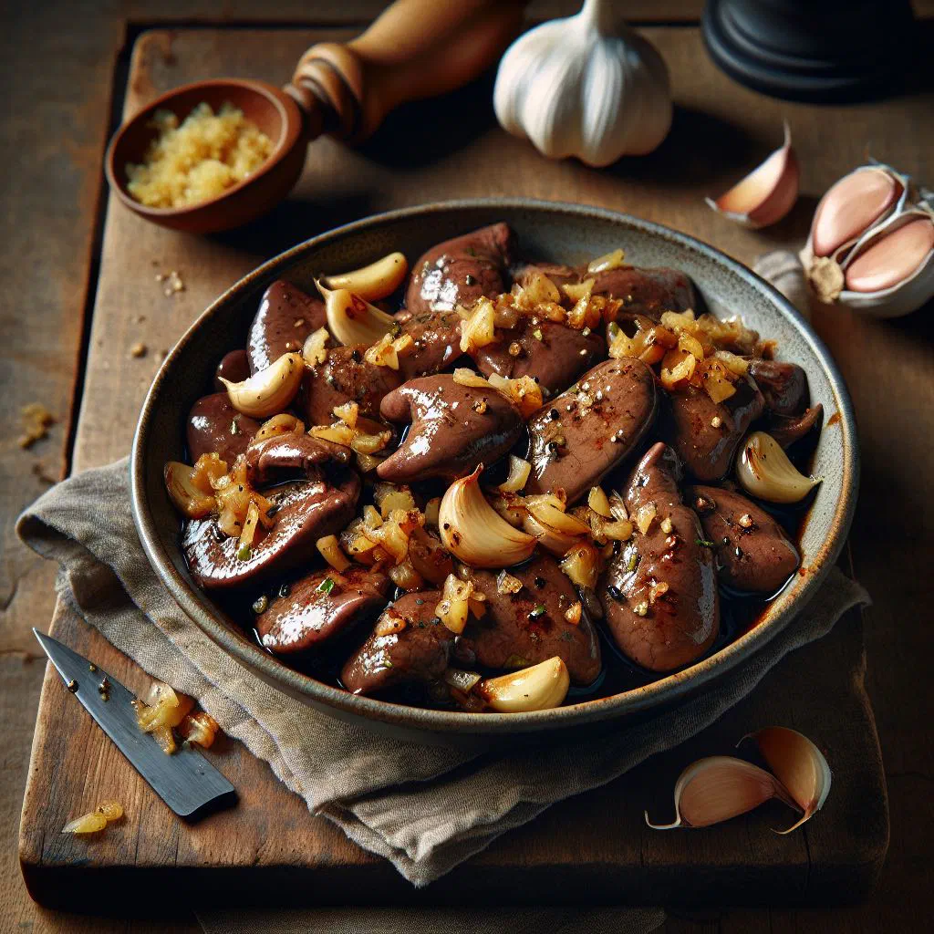 Pan-fried chicken livers with golden garlic, served with fresh bread