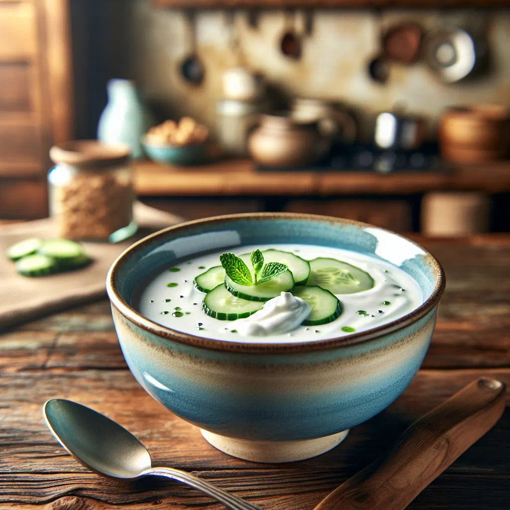 Bowl of chilled yoghurt cucumber soup garnished with fresh dill