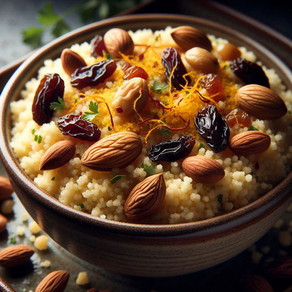 Fluffy couscous topped with golden raisins and toasted mixed nuts