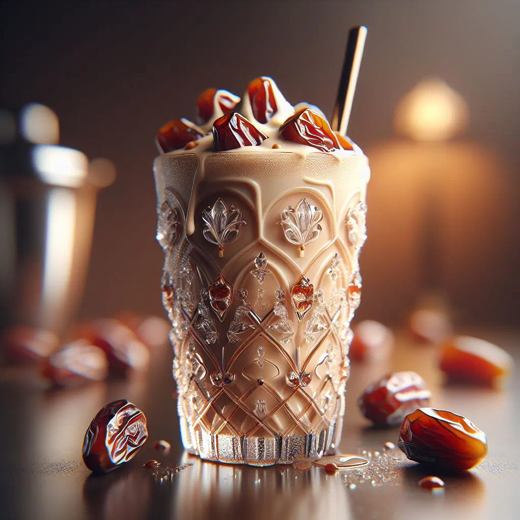 Creamy date milkshake in a tall glass garnished with cinnamon