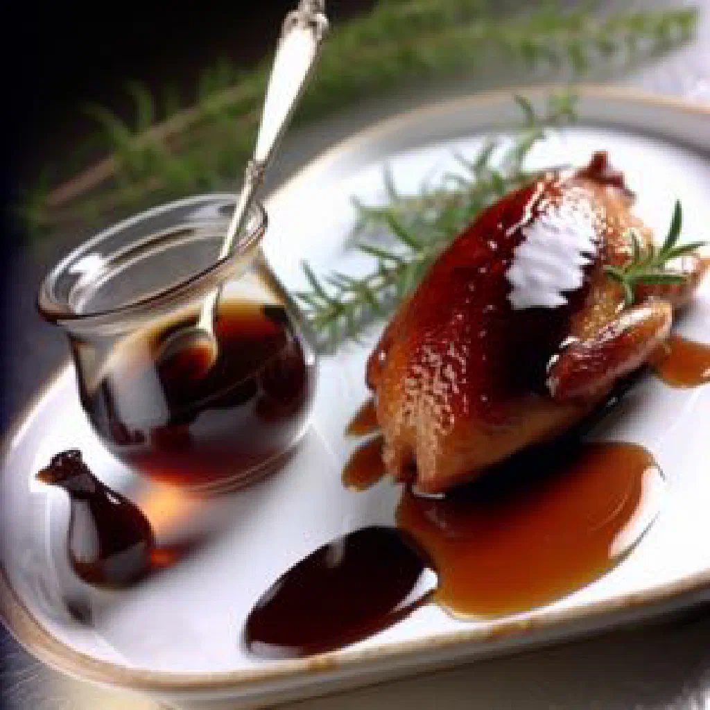 Pan-seared duck breast glazed with dark molasses sauce, served with rice