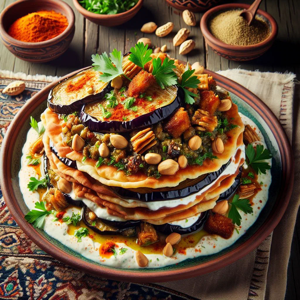 Eggplant fatteh topped with creamy yogurt, crisp pita and toasted pine nuts