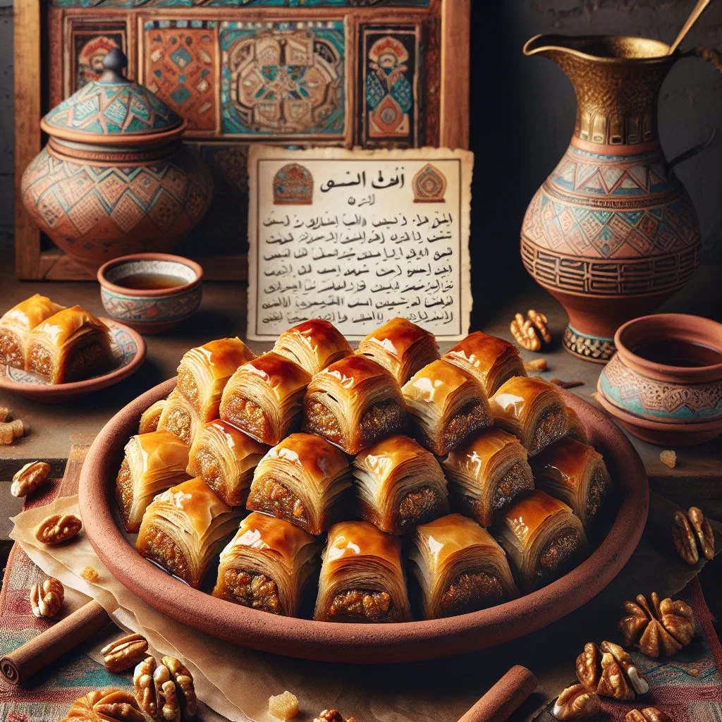 Golden Egyptian baklava rolls drizzled with honey syrup and chopped nuts