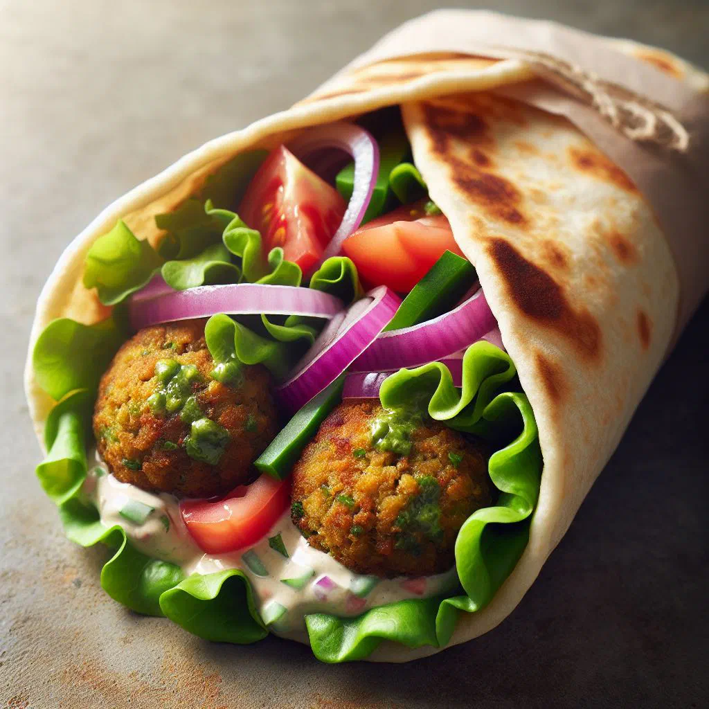 Egyptian falafel wrap filled with crispy chickpea fritters and fresh salad